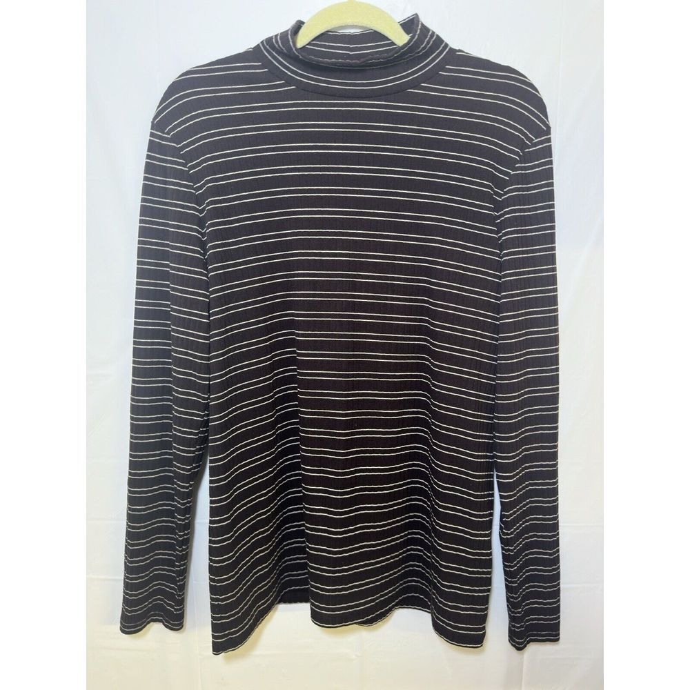 LANDS' END Stretch Cotton Striped Turtleneck' Brown And White Size Large - Picture 1 of 5